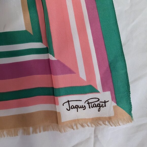 vintage green pink cream jacques piaget neck scarf 13" x 67" striped fringe - Picture 2 of 6